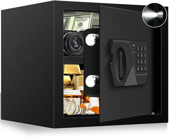 1.6 Cu ft Small Fireproof Safe Box, Digital Security Home Safes Water and Fireproof with Electronic Keypad Keys and Alarm System, Fire Safe for Home Money Medicine Valuables