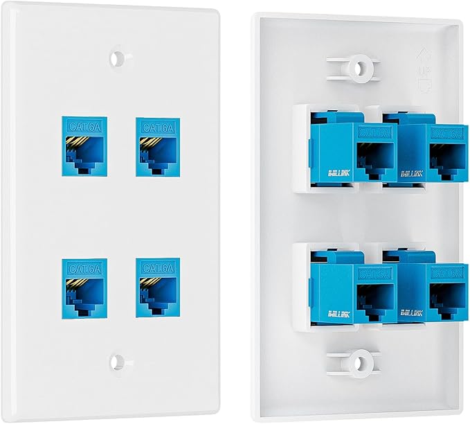 Iwillink 10Gbps Ethernet Wall Plate CAT6A, 4-Port Keystone Wall Plate and Jack Outlet, RJ45 Wall Plates with Single Gang Low Voltage Mounting Bracket - 1 Pack