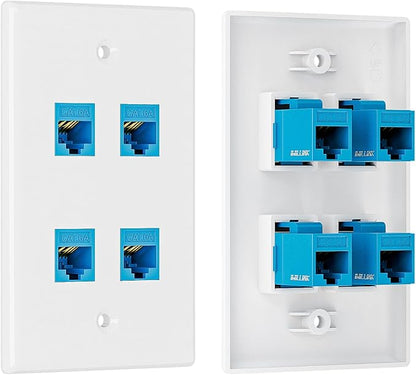 Iwillink 10Gbps Ethernet Wall Plate CAT6A, 4-Port Keystone Wall Plate and Jack Outlet, RJ45 Wall Plates with Single Gang Low Voltage Mounting Bracket - 1 Pack