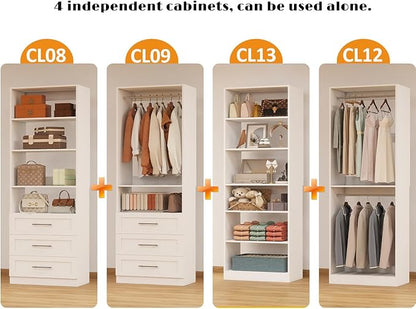Closet System with 4 Sets, Closet Organizer Systems with 6 Drawers & 7 Hanging Rods & Adjustable Shelves, Walk in Closet Standalone Closet System Modular Closet System Set White