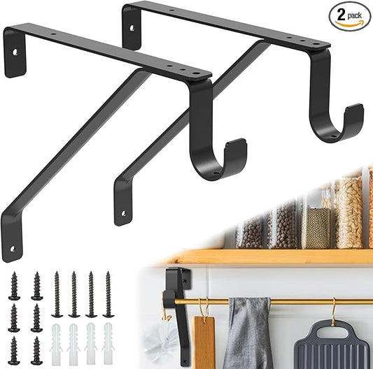 Pisman 10 Inch Heavy Duty Closet Rod Bracket Adjustable 2-Pack, Closet Rod Support with Shelf Bracket and Rod Holders - Black Steel Clothes Hanger for Bedroom, Laundry Room Storage