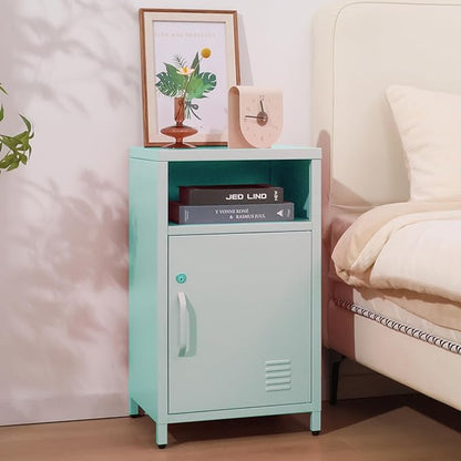 ALBAD Compact Metal Nightstand with Lockable Cabinet and Open Shelf, Modern Bedside Table, Versatile Side Table for Bedroom, Living Room, or Office (Light Green, 26" H-Lockable Door)