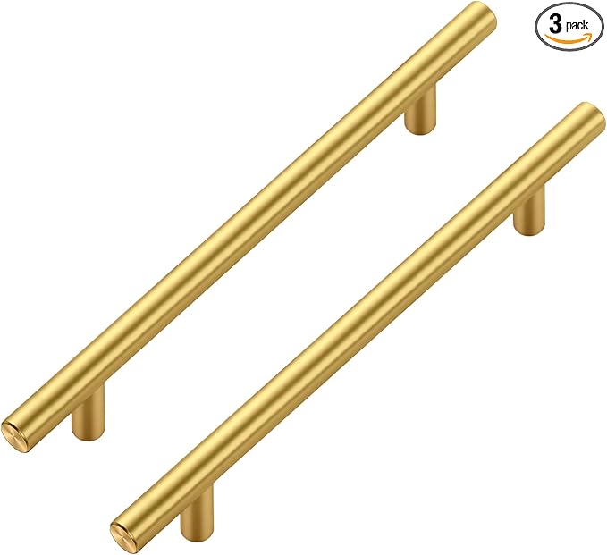 JOY DECOR 3 Pack Cabinet Handles, Gold Cabinet Pulls, 6-1/4 in Hole Center Kitchen Cabinet Handles, Stainless Steel T Bar Handles for Dresser Drawers