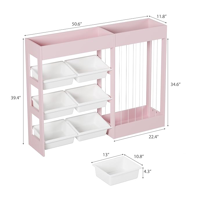 50.6" W Toy Organizers and Storage, 3-in-1 Kids Toy Storage Cabinet with Stuffed Animal Holder, 6 Plastic Removable Bins, Wooden Shelf for Girls Boys Playroom, Nursery, Kids Room(Pink)