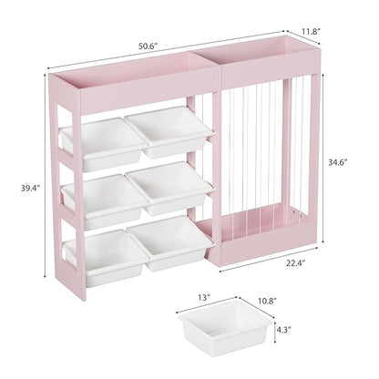 50.6" W Toy Organizers and Storage, 3-in-1 Kids Toy Storage Cabinet with Stuffed Animal Holder, 6 Plastic Removable Bins, Wooden Shelf for Girls Boys Playroom, Nursery, Kids Room(Pink)