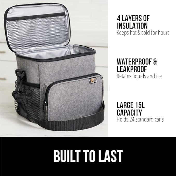 GORILLA GRIP Insulated Lunch Box Bag for Women Men,15L, Leakproof XL Reusable Soft Cooler Bags, Multiple Compartments, Mesh Pockets and Adjustable Strap, Food Tote Keeps Drinks Cold, 13x9, Light Gray