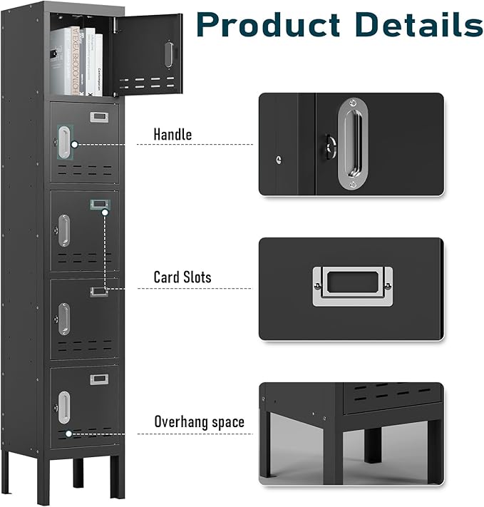 Metal Storage Locker with Lock & Card Slot Locker - Secure Lockable Door - Steel Locker for School, Office, Gym, Home - 66.15" H x 11.8" W x 11.8" D（5 Door, Black）