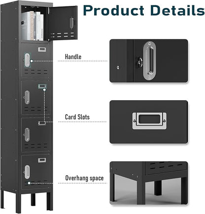 Metal Storage Locker with Lock & Card Slot Locker - Secure Lockable Door - Steel Locker for School, Office, Gym, Home - 66.15" H x 11.8" W x 11.8" D（5 Door, Black）