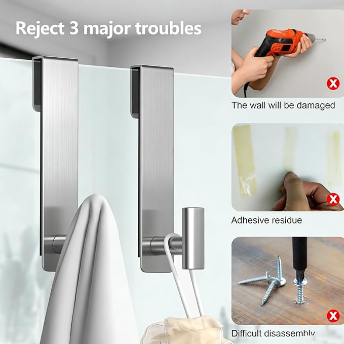 PMMASTO Shower Door Hooks, (7.5 Inch) Extended Towel Hooks for Bathroom Frameless Glass Shower Door, Stainless Steel Heavy Duty Hooks (Silver, T Shape-Fits 3/8" Thick Door)