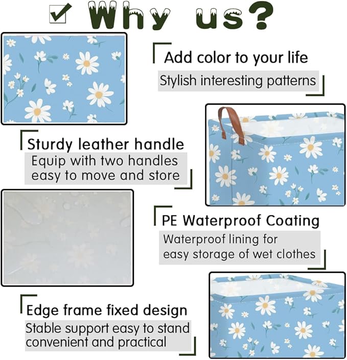 Rectangular Daisy Storage Basket,Kids Laundry Hamper,Waterproof foldable kids laundry basket,Blue Baskets,Books Box,Flower room decor(Daisy)