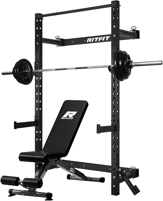 RitFit 2.36'' x 2.36'' Folding Squat Rack for Home Gym, Wall Mounted Squat Rack with Attachments - Space Saving Squat Power Rack