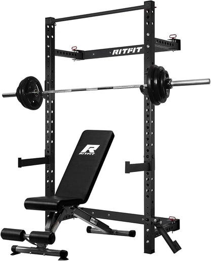 RitFit 2.36'' x 2.36'' Folding Squat Rack for Home Gym, Wall Mounted Squat Rack with Attachments - Space Saving Squat Power Rack