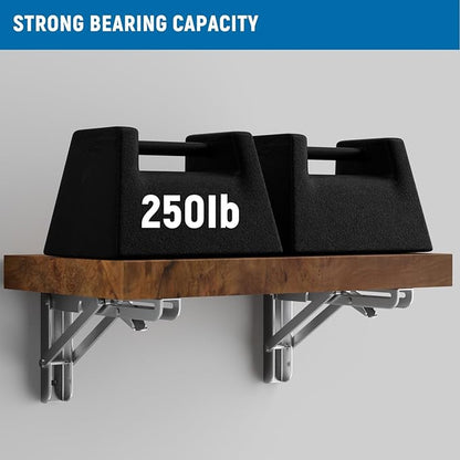 LEOPO 14 inch Folding Shelf Brackets-2 Pack Foldable Heavy Duty Triangle Collapsible Wall Mounted Brackets for Fold Down Table, Space Saving for Bench Table with Screws, Stainless Steel