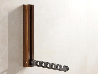 Natural Wood Folding Clothes Hanger Rack for Laundry Room, Wall Mounted Clothes Drying Rack, Laundry Drying Rack Foldable, Perfect for Small Spaces, Walnut Wood Black
