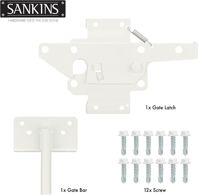 Self-Locking Gate Latch Heavy Duty Post Mount Automatic Gravity Lever for Wooden/PVC Fence, Door Lock with Fasteners Hardware for Secure Pool |Yard | Garden, Steel, White