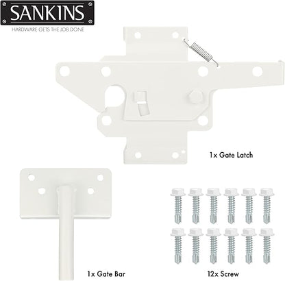 Self-Locking Gate Latch Heavy Duty Post Mount Automatic Gravity Lever for Wooden/PVC Fence, Door Lock with Fasteners Hardware for Secure Pool |Yard | Garden, Steel, White
