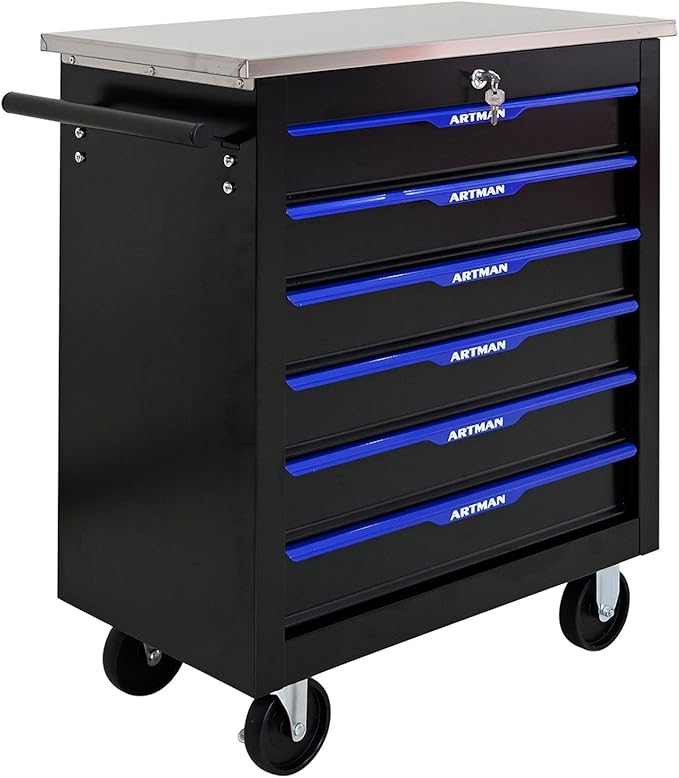 6-Drawer Rolling Tool Chest with Stainless Steel Countertop,Tool Chest with Secure Locking System,Mobile Storage Tool Cabinet with 360°Wheels and Padded Feet,for Home,Garage (Black+Blue)