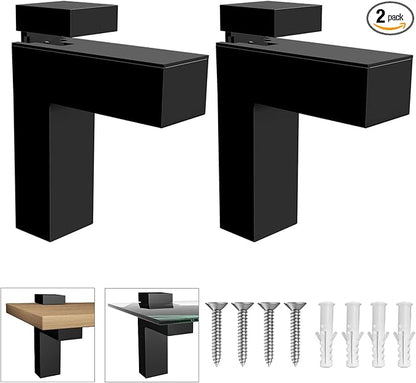2 Pcs Adjustable Glass Shelf Brackets, Heavy Duty Zinc Alloy Wall Mount Clamps for 3-28mm Thick Wood/Glass Shelves, Black Finish for Bathroom Shower & Cabinets