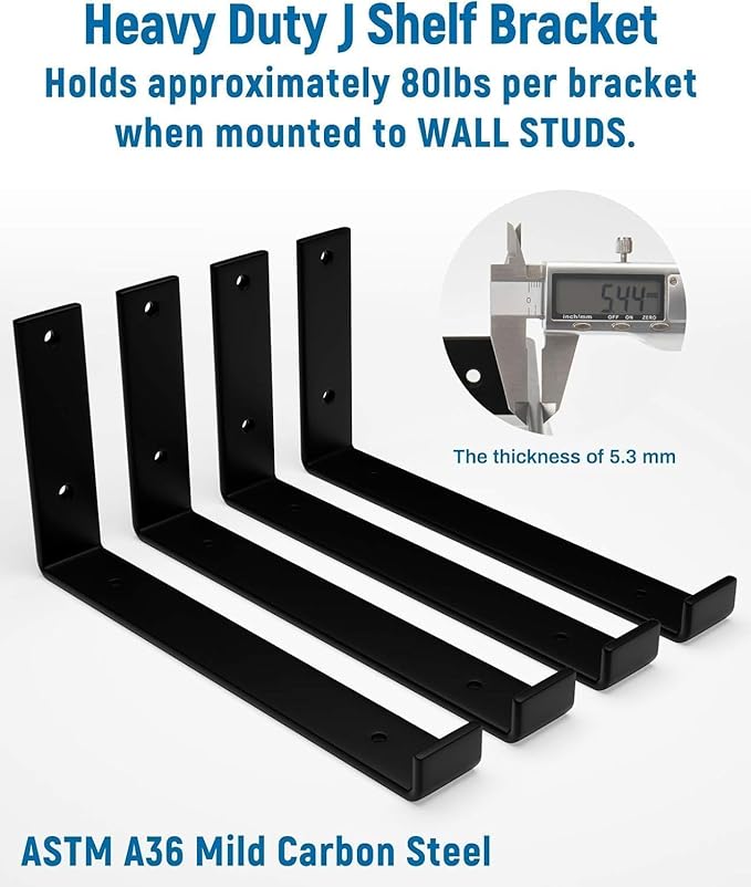 LEOPO 10 inch Shelf Brackets 8-Pack ,1/5 inch Thick Heavy Duty Industrial Bracket for DIY Floating Shelf Support, Black Coated Wall Shelf Support, 9.25” x 6” x 1.5”