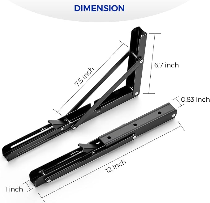Ravinte 4 Pack 12 Inch Folding Shelf Brackets – Matte Black, Heavy Duty Collapsible Brackets for Tables and Benches – Space-Saving Design