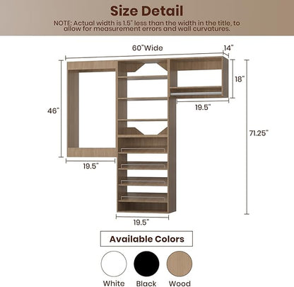 ROOMTEC Modular Closet System, 60" Wall Mounted Modern Closet Organizer with Hanging Rods and Shoe Shelf, Wooden Tower for Walk-In Closets, Wardrobe Storage Kit, Wood