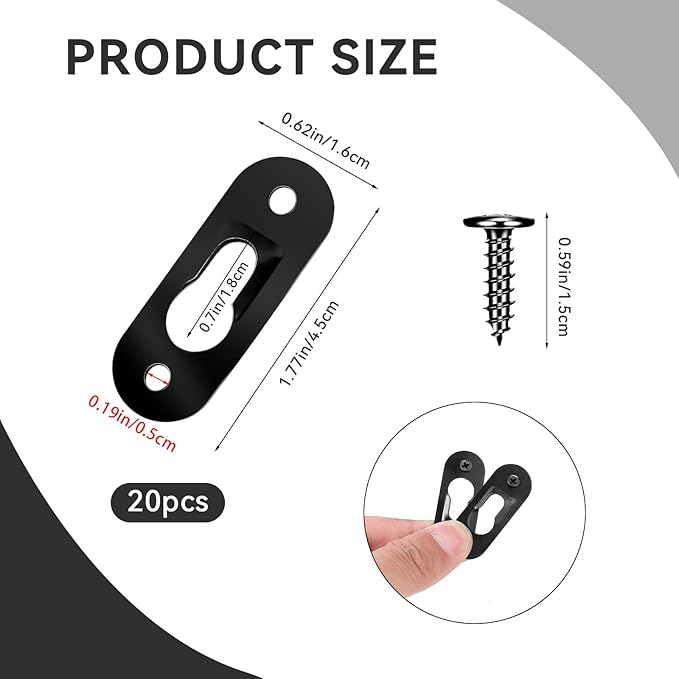 20 Pack Keyhole Hangers, 43x16mm Heavy Duty Metal Hanging Bracket Hardware Picture Fixings Wall Plate Hangers with 40 PCS Screws for Mirror Picture Frame Shelf Hangers Brackets (Black)
