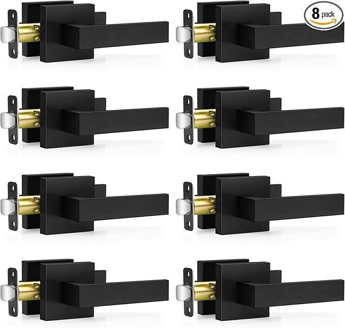 8 Pack Matte Black Door Handles, Passage Door Levers for Hallway & Closet, Interior Keyless Door Knobs Heavy Duty Square Non-Locking Handlesets(2.0lb), Reversible for Left & Right Sided Doors