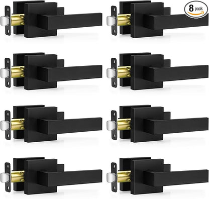 8 Pack Matte Black Door Handles, Passage Door Levers for Hallway & Closet, Interior Keyless Door Knobs Heavy Duty Square Non-Locking Handlesets(2.0lb), Reversible for Left & Right Sided Doors