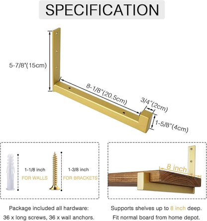 OVOV 6 Pack Heavy Duty Shelf Brackets Wall Mounted Industrial Farmhouse Floating Shelf Brackets with Lip (Gold 8")