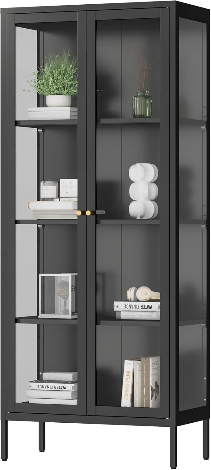 Display Cabinet with 3 Side Tempered Glass, 66" Tall Curio Cabinet with Glass Doors, Black Display Case for Collectibles, Metal Storage Cabinet & Bookcase for Living Room, Assemble Required