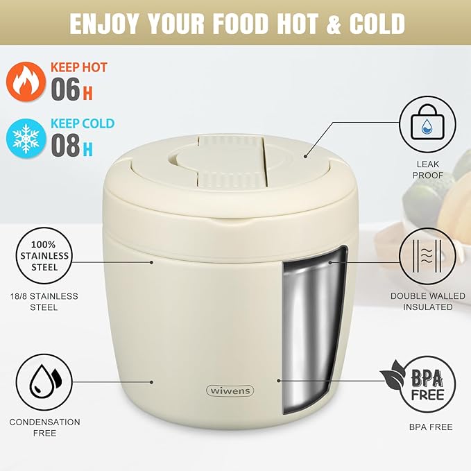 Thermo Food Jar for Hot Food Adults 32OZ Soup Thermo Lunch Containers Wide Mouth Vacuum Insulated Stainless Steel Leakproof Bento Box with Spoon (Beige)
