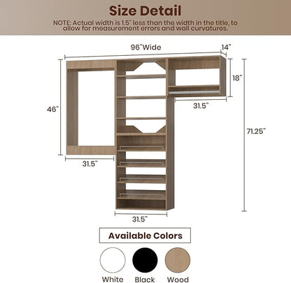 ROOMTEC Modular Closet System, 96" Wall Mounted Modern Closet Organizer with Hanging Rods and Shoe Shelf, Wooden Tower for Walk-In Closets, Wardrobe Storage Kit, Wood
