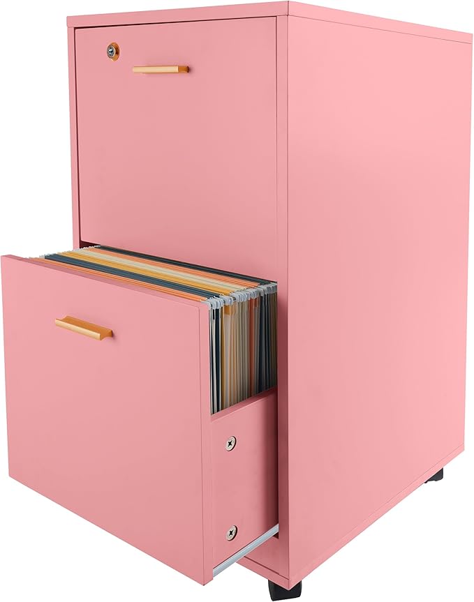 Lavish Home 2 Drawer File Cabinet - Filing Cabinet with Lock - Rolling File Cabinet for Under Desk Storage - Wood Filing Cabinet for Home or Office Organization (Pink)