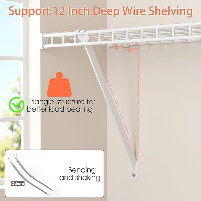 12 Inch Wire Shelf Support Brackets, 6 Pack Metal Closet Shelf Hardware with Anchors and Pins for Sturdy Installation, White Epoxy Coated Steel Shelving Support