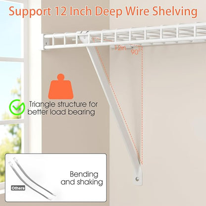 12 Inch Wire Shelf Support Brackets, 6 Pack Metal Closet Shelf Hardware with Anchors and Pins for Sturdy Installation, White Epoxy Coated Steel Shelving Support
