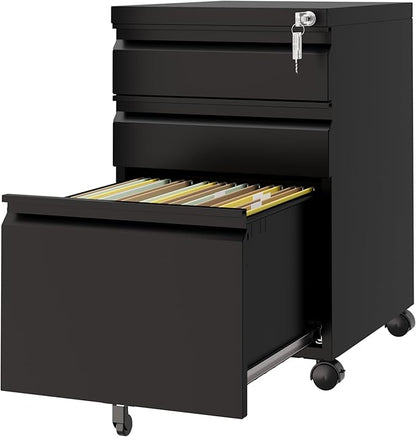 3 Drawer Mobile File Cabinet with Lock,Under Desk Rolling File Cabinet for Home Office Fits Legal/Letter/A4 File (Unassembled,Black)