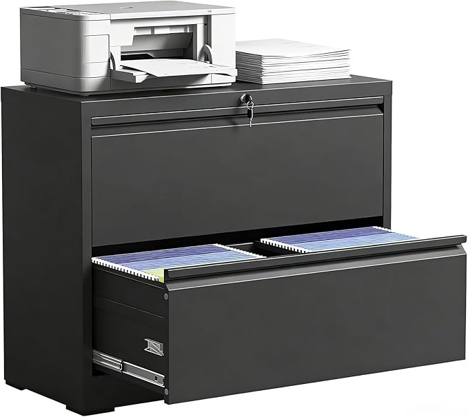 2 Drawer Lateral File Cabinet with Lock, Metal Lateral Filing Cabinet for Home Office, Steel Wide Horizontal Filing Cabinets for Letter/Legal/A4/F4 Hanging Files (Black)