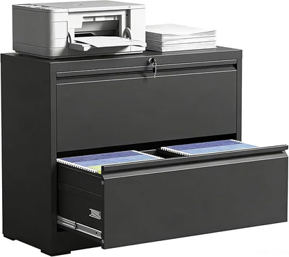 2 Drawer Lateral File Cabinet with Lock, Metal Lateral Filing Cabinet for Home Office, Steel Wide Horizontal Filing Cabinets for Letter/Legal/A4/F4 Hanging Files (Black)
