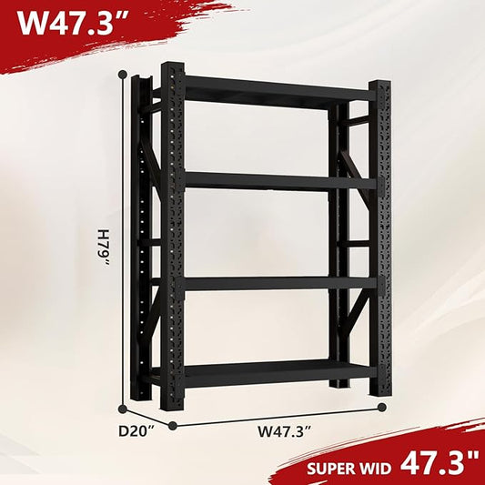 4000lbs Garage Shelving Heavy Duty, 4-Tier Metal Adjustable Garage Shelves, Storage Shelves for Warehouse, Pantry, Basement, 47.3" W X 20" D X 79" H (Black, 47.3x20x79)