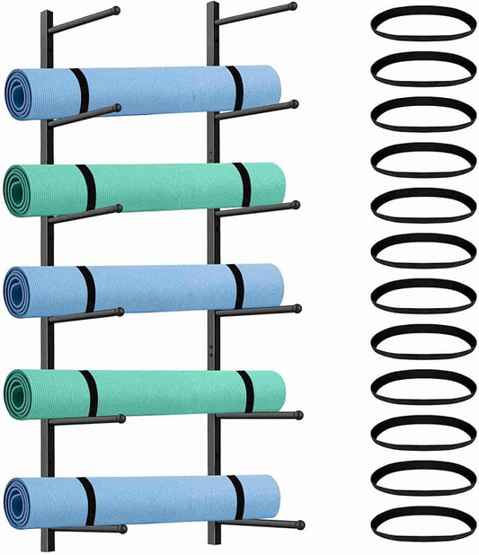 Yoga Mat Holder Wall Mount with 12 Straps, 6 Tier Metal Yoga Mat Storage Rack Home Gym Exercise Workout Equipment Organizer for Foam Roller Resistance Bands