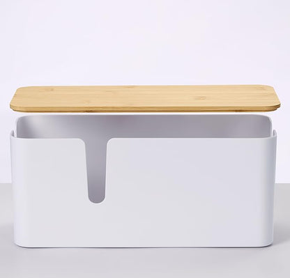 ZhiYo Bamboo Lid Cord Organizer Box, Safe ABS Cable Management Box for TV and Computer, Wood Cover Cord Hider to Hide Wires, Router, USB Hub & Under Desk Power Strip, 1 Pack L13.1 xW5.6 xH5.6 White