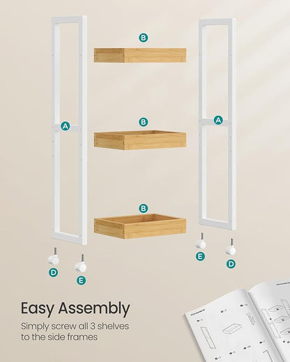 SONGMICS Bamboo Rolling Cart, 3-Tier Utility Cart on Wheels, Slim Narrow Storage Shelf, Bamboo Shelves, Space-Saving, Multifunctional, for Bathroom, Kitchen, White and Natural UBCB083N02