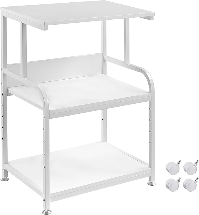 White Printer Stand with Storage, 3 Tier Printer Table with Height Adjustable Shelf, Rolling Printer Cart with Wheels for Home Office Organization