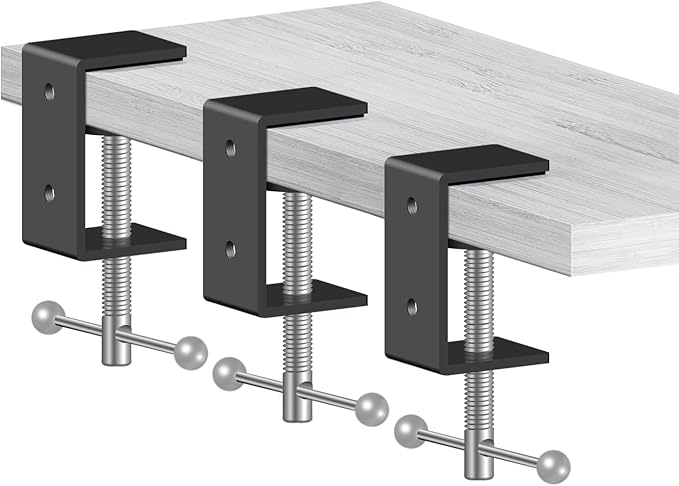 2-Pack 1 Inch Heavy Duty Black C-Clamps for Desk & Table, 0-1.5 Inch Clamping Range, 2 Mounting Holes, Metal Workbench Clamps, Garland Clamps, Mantle Clamp