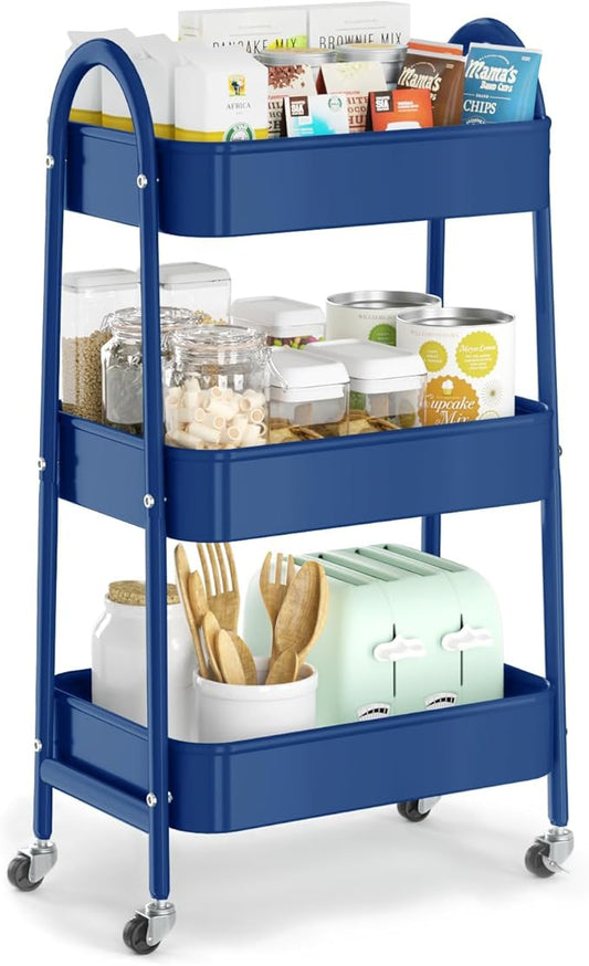 EAGMAK 3 Tier Utility Rolling Cart, Metal Storage Cart with Handle and Lockable Wheels, Multifunctional Storage Organizer Trolley with Mesh Baskets for Kitchen, Living Room, Office, Garage (Indigo)