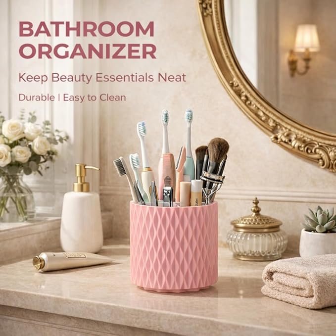 360° Rotating Makeup Brush Holder, 5-Slot Cosmetic Organizer Cup for Vanity, Desk & Bathroom Countertop, Pink