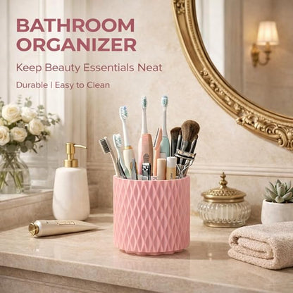 360° Rotating Makeup Brush Holder, 5-Slot Cosmetic Organizer Cup for Vanity, Desk & Bathroom Countertop, Pink