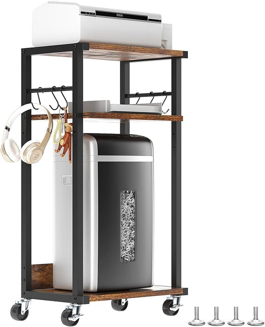YMYNY Mobile Printer Stand, 3-Tier Printer Cart with Adjustable Storage Shelf and 6 S-Hooks, Tall Printer Table for Home Office, for Computer Tower Stand, Shredder, CPU Stand, Rustic Brown, UHPT002H
