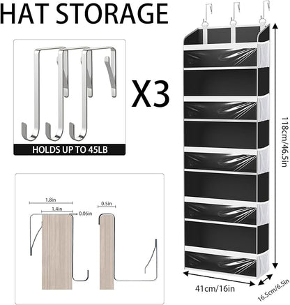Over the Door Hat Organizer for Baseball Caps, Hold up to 60 Hats Rack Storage for Door/Closet/Wall, Clear Pockets Hanging Hat Holder for Baseball Caps with 10 Mesh Pockets, Black