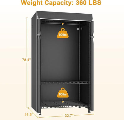 H5C Clothes Rack with Cover, Portable Closet for Hanging Clothes, Covered Clothing Racks Heavy Duty, Freestanding Garment Racks with Shelves Max Load 360LBS Black Closet Rack with Black Cover